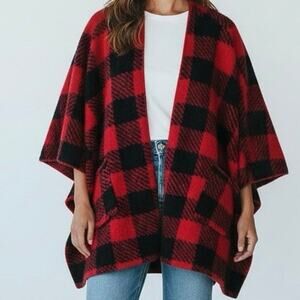 Muk Luks Red Buffalo Plaid Fleece Shawl Wrap Cardigan Cozy Size L